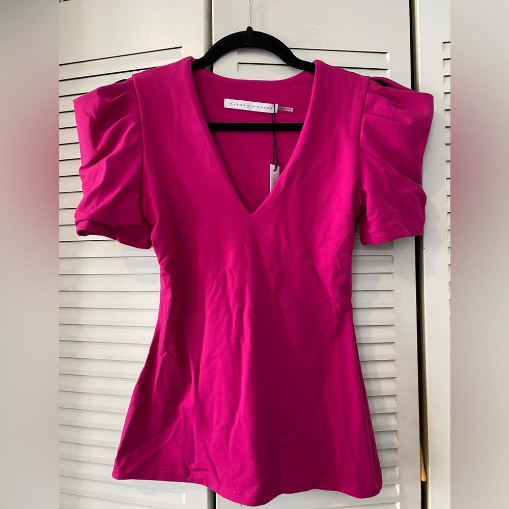 Susana Monaco Pleated Sleeve Deep V Top in Peony